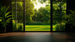 © Premium - serene view of lush garden through large windows, showcasing vibrant greenery and sunlight filtering in, creating peaceful atmosphere