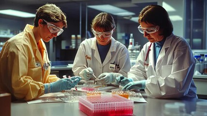 Poster - Scientists examine control samples in a laboratory setting during a collaborative research project, scientists examining control samples in the laboratory