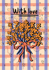 Poster - Spring poster in doodle style with lettering. Greeting card with a bouquet of flowers tied with a bow. Vector template for banner, post, advertisement