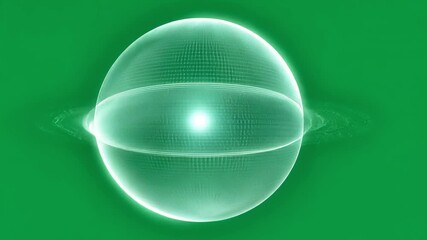 Poster - Luminous green energy sphere dynamically rotating, radiating bright light from glowing center on chroma key background with seamless technological visualization