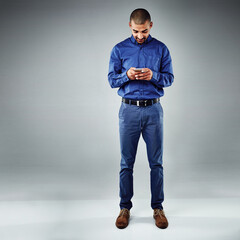 Aufkleber - App, phone and space with business man in studio for communication, social media or text message. Contact, networking and search with smile of happy employee on gray background mockup for online chat