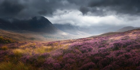 Wall Mural - Vibrant heather in the foreground with dramatic moody clouds over mountainous terrain showcasing the beauty of natural landscapes in soft light.