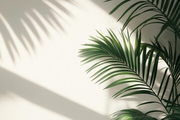 Poster - Elegant minimalist setting showcasing palm leaves and soft shadows on a white wall, ideal for stylish product displays and refined lifestyle imagery in visual marketing