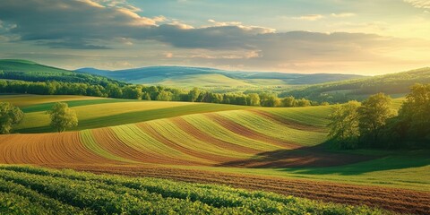 Wall Mural - Vibrant rolling hills landscape at sunset featuring green and golden fields with soft waves under a colorful sky with clouds and distant mountains.