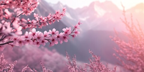 Wall Mural - Serene mountain landscape with delicate pink cherry blossoms in foreground, soft pastel pink and purple hues in dreamy sunset atmosphere.