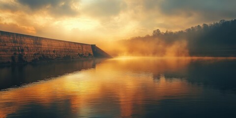 Wall Mural - Tranquil dam lake at sunrise with golden and orange hues reflecting off calm waters mist rising from shore enhancing natural beauty.