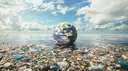 Poster - A highly detailed 3D render of Earth drowning in plastic waste, surrounded by floating debris and polluted oceans, emphasizing environmental decay
