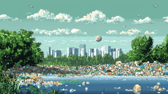A side-scrolling pixel art world, where a tiny character navigates through mountains of garbage on a polluted Earth, showcasing an environmental crisis