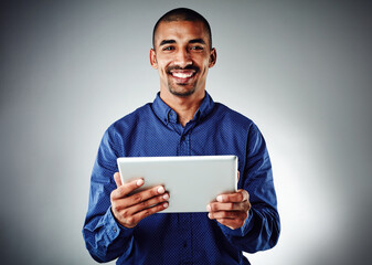 Aufkleber - Business, portrait and man with smile, tablet and professional on gray studio background. Person, model and writer with tech, website information and editor with connection, email or review article