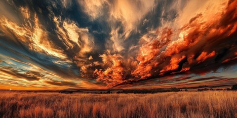 Wall Mural - Dramatic morning sky with vibrant orange and blue clouds glows over golden grass, creating a mesmerizing landscape filled with rich textures.