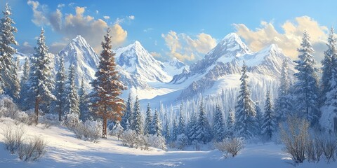 Wall Mural - Serene snowy landscape with tall evergreen trees and majestic snow-capped mountains under a clear blue sky with soft clouds illuminated by sunlight.