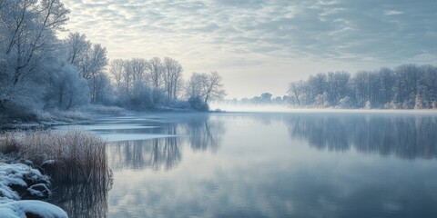 Wall Mural - Serene winter morning landscape at a tranquil lake with soft blue tones, frosted trees reflecting on calm water under a cloudy sky.