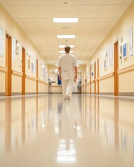 Aufkleber - Contemporary Healthcare Design Bright Hospital Hallway with Glossy Floors and Informative Boards - Enhancing Patient Experience and Staff Efficiency in Modern Medical Facilities
