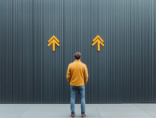 Poster - Modern Tech Strategy Visualization Male IT Specialist Viewing Arrows on Black Metal Wall - Innovative Business Decision Making and Digital Transformation