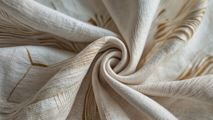 Beige fabric with golden lines. Curled texture pattern detail close up. Cotton textile material with abstract design for cloth or interior background