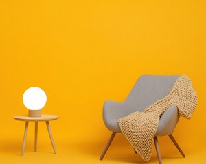 Poster - Scandi-Chic Reading Corner Ergonomic Grey Armchair with Textured Knit Throw and Minimalist Wood Table Lamp - Cozy Home Decor and Interior Design for Inviting Spaces