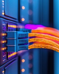 Fototapete - Neon-Lit Data Center Rack Efficient Network Cable Management and Cooling Systems - Tech Infrastructure for Modern IT Solutions and Enterprise Operations