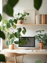 Fototapete - Eco-Inspired Workspace Design Scandinavian Wooden Desk with Dual Monitors and Indoor Plants - Green Office Solutions and Creative Industry Efficiency
