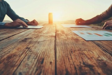 Poster - Rustic Collaborative Workspace Scene with Sunset Ambiance - Wooden Desk, Graphs and Strategy Docs for Modern Business Efficiency in Professional Settings