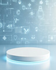 Poster - Futuristic Healthcare Display Sleek Acrylic Podium on Blue Hospital Floor - Innovative Medical Merchandising and Digital Health Content Enhancement