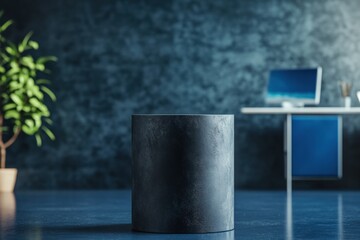 Aufkleber - Sleek Matte Black Podium on Navy Floor Premium Metallic Displays for Cutting-Edge Office Design and Innovative Corporate Presentations