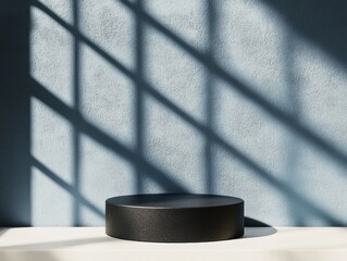 Fototapete - Minimalist Cylindrical Display Sleek Black Podium on Textured Blue Backdrop - Modern Product Presentation for Luxury Brand Merchandising and Design Showcases