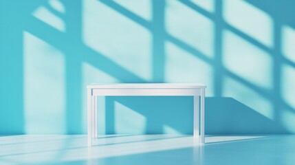 Poster - Minimalist Medical Podium Glossy White Display on Textured Blue Backdrop - Modern Clinical Branding and Professional Healthcare Showcase