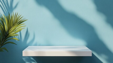 Poster - Minimalist Medical Showcase Glossy White Podium on Textured Blue Backdrop - Modern Branding for Professional Healthcare and Sterile Product Design