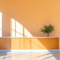 Poster - Modern Scandinavian Reception Design Minimalist Wooden Desk with Greenery - Contemporary Healthcare Facility and Eco-Friendly Ambiance for Medical Environments