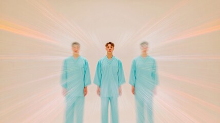 Poster - Contemporary Abstract Healthcare Imagery Blurred Figures in Blue Scrubs within Symmetrical Medical Corridor - Modern Medical Marketing and Healthcare Branding Aesthetics