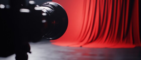 Poster - Modern Cinematic Setup Sleek Camera with Rich Red Drapes in Studio Lighting - Cutting-Edge Videography Equipment and Creative Commercial Content Production