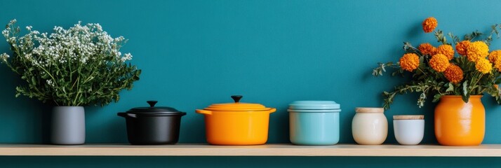 Aufkleber - Modern Minimalist Kitchen Decor Vibrant Ceramic Cookware and Fresh Floral Arrangement on Wooden Shelf - Trendsetting Home Content and Interior Design Inspiration