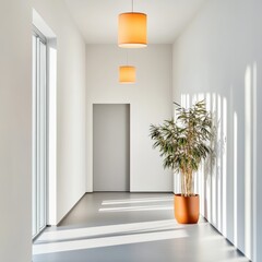 Poster - minimalist healthcare corridor with natural light and bamboo planter - contemporary clinical design 