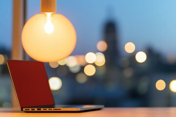 Poster - Minimalist Tech Aesthetic Sleek Laptop at Cozy Cafe with Blurred Cityscape - Global Remote Work Strategy and Digital Nomad Flexibility Content