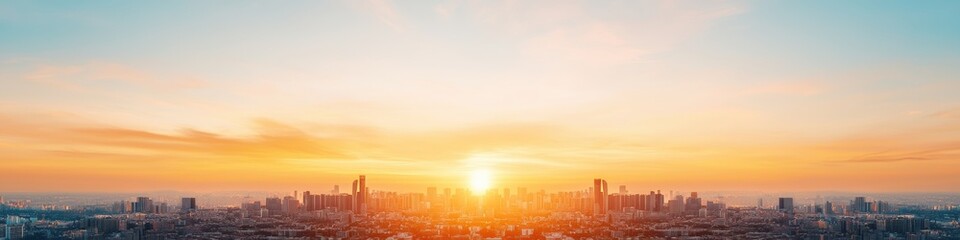 Fototapete - Vivid Urban Skyline Futuristic Metropolis with Sunset Glow - Smart City Technology Visual for Infrastructure Innovation and Architectural Design Trends