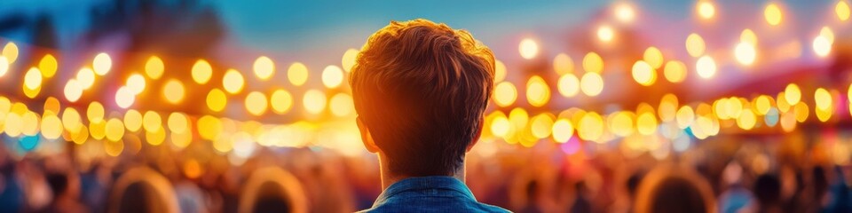 Poster - Vibrant Festival Crowd at Dusk Lively Outdoor Gathering with Illuminated Atmosphere - Cultural Event Promotion and Community Engagement Visuals for Entertainment Industry