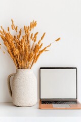 Poster - Minimalist Workspace Aesthetic Pebble Ceramic Vase with Dried Botanicals and Open Laptop - Modern Digital Learning and Home Office Decor for Enhanced Productivity