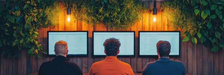 Poster - Contemporary Workspace Team Data Analysis Under Eco-Wood Canopy with Triple Screens - Collaborative Tech Setup for Enhanced Business Intelligence and Workflow Efficiency