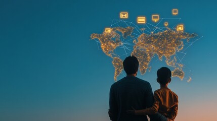 Leinwandbilder - Futuristic Family Travel Concept Digital Nomad Korean Family on World Map with Tech Icons - Inspiring Global Work-Life Balance and Connected Lifestyle Imagery for Remote Industries