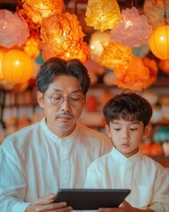 Poster - Cross-Cultural Digital Learning and Remote Work Father and Son Navigate Tech Connectivity in Vibrant South Korean Market - Family Travel Innovation and Cultural Immersion