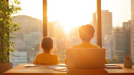Poster - Minimalist Urban Family Workspace Sunlit Wooden Table and Tech in South Korean Apartment - Digital Nomad Lifestyle and Global Homeschool Solutions