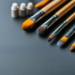 Poster - Modern Artistry Workspace Premium Quality Brush Set on Textured Surface for Professional Design Studios - Enhancing Creative Processes and Art Tool Organization
