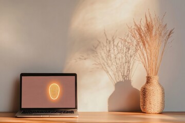 Fototapete - Minimalist Tech Workspace Sleek Laptop with Secure Login on Wooden Desk - Cybersecurity Solutions and Modern Home Office Privacy Aesthetics