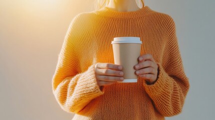 Poster - Minimalist On-the-Go Morning Young Professional Holding Eco-Friendly Coffee Cup in Soft Light - Enhancing Workplace Efficiency and Remote Working Routines for Modern Lifestyle