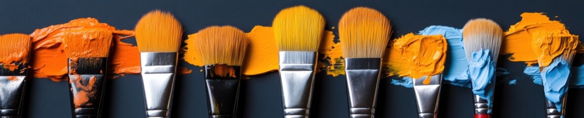 Fototapete - Contemporary Artistic Expression Vibrant Paintbrushes with Bold Paint Splatters on Palette - Creative Advertising and Visual Content for Modern Designer Workspaces