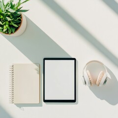 Fototapete - Minimalistic EdTech Essentials Tablet, Wireless Headphones and Notepad on White Desk - Elevating Remote Learning and Virtual Classrooms for Digital Advancement