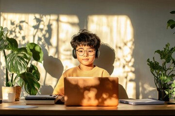Poster - Minimalist Home Study Setup Young Student with Smart Gadgets in Natural Light - AI-Powered Math Tutoring for Modern Educational Innovation and Digital Learning Spaces