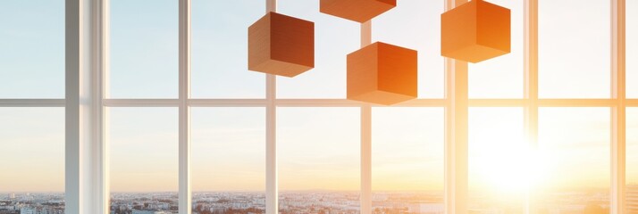 Poster - Minimalist Workspace Graph Wooden Cubes in Modern Office with Large Windows - Enhancing Business Innovation and Digital Content Creation in Tech-Savvy Environments