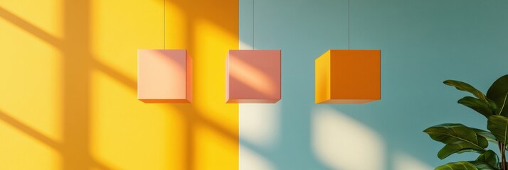 Poster - Minimalist Office Aesthetic Floating Digital Interface Cubes in Light-Filled Space for Innovative Business Technology Content and Modern Workspace Design