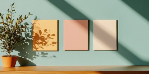 Poster - Modern Scandinavian Office Decor Pastel Panels on Matte Wall with Potted Plant - Creative Space Design and Visual Merchandising for Trendy Co-working Environments